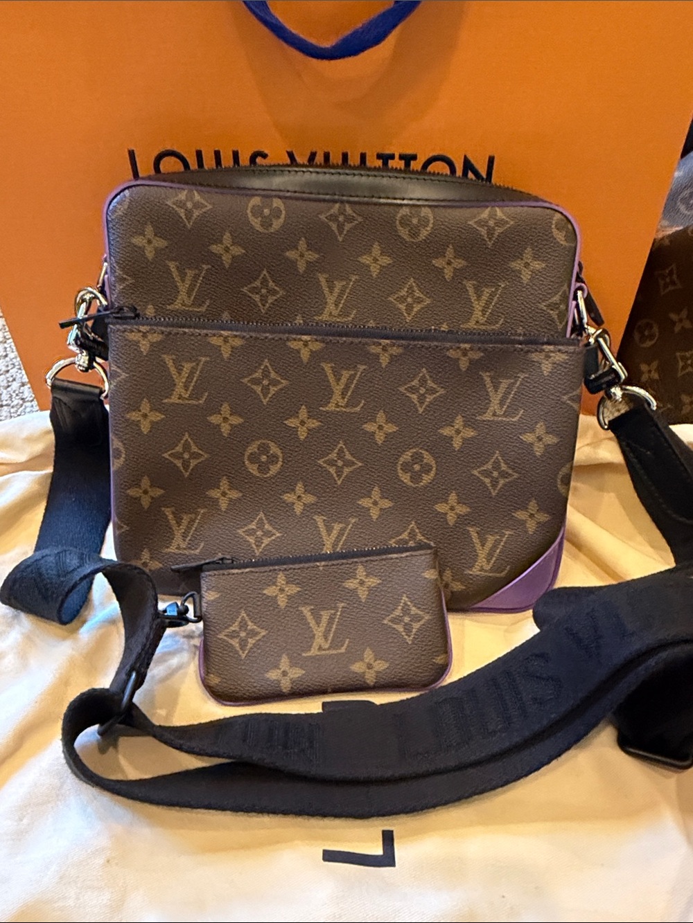 Louis Vuitton Monogram Messenger Bag with Brown Canvas and Purple Trim